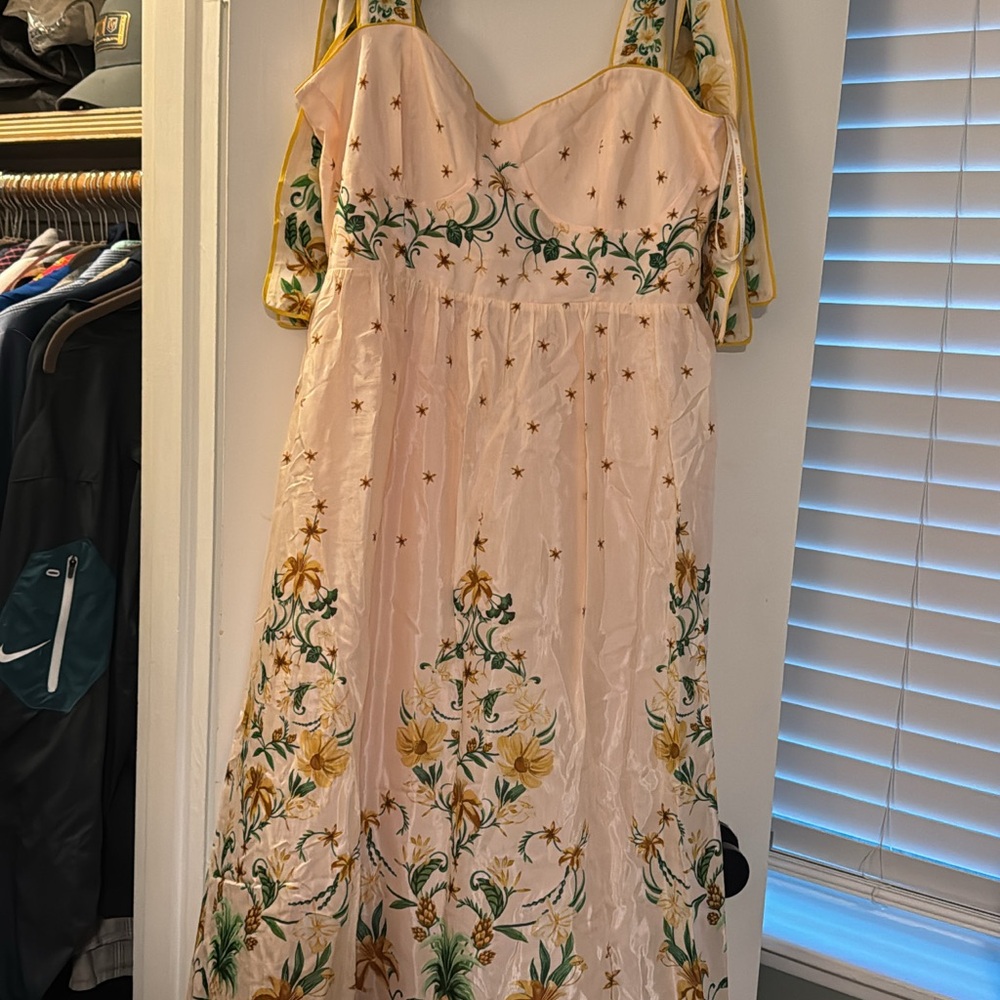 FARM Rio Cream Maxi Dress with Green Floral Embroidery